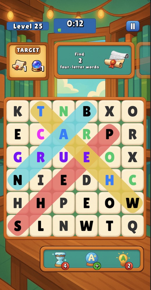 A word puzzle board with colourful word paths